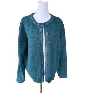 Vtg 90s Eddie Bauer Womens Medium Country Primitive Wool Knit Cardigan Sweater